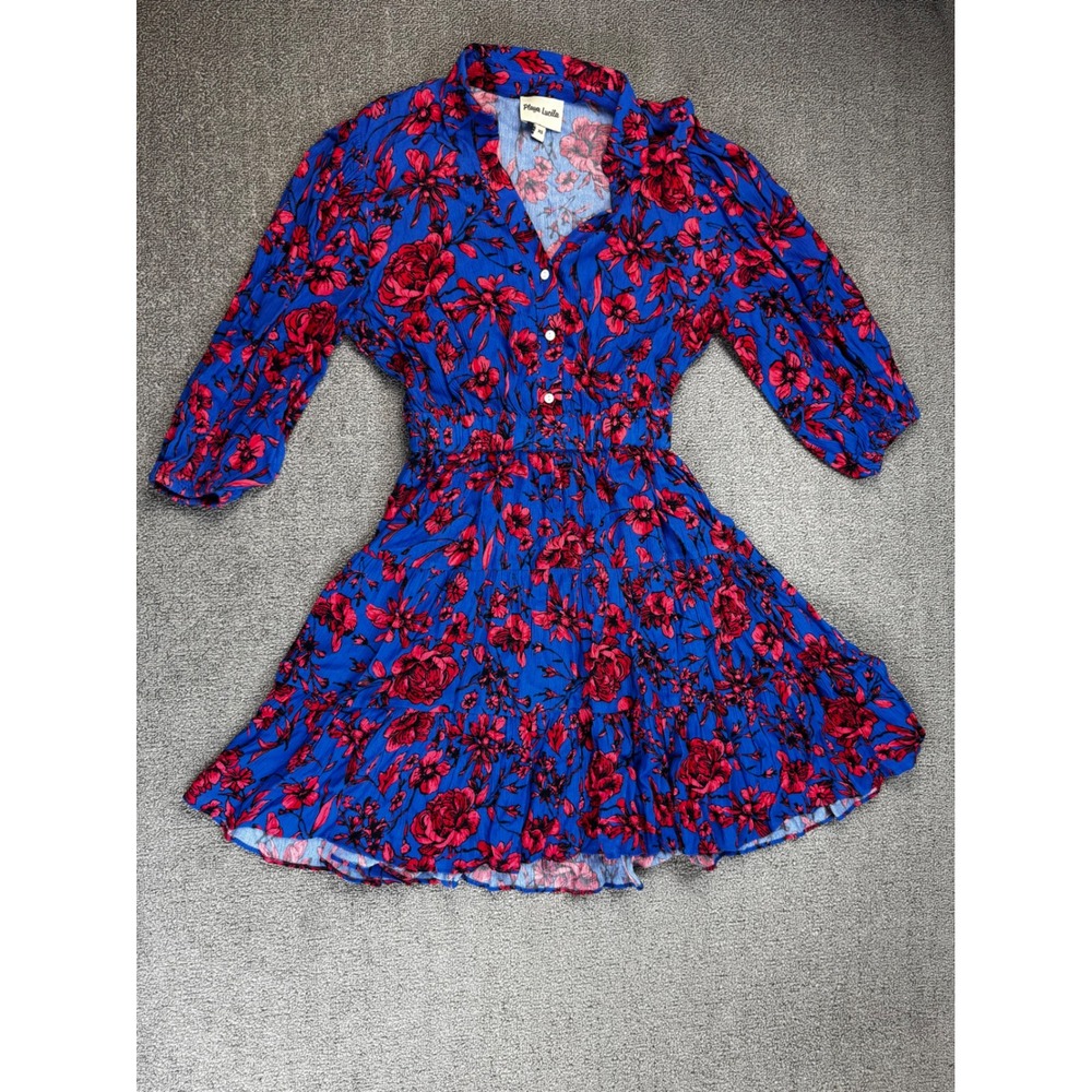Playa Lucila Dress XS Blue Red Floral Long‎ Sleeve Mini Tropical Vacation Resort
